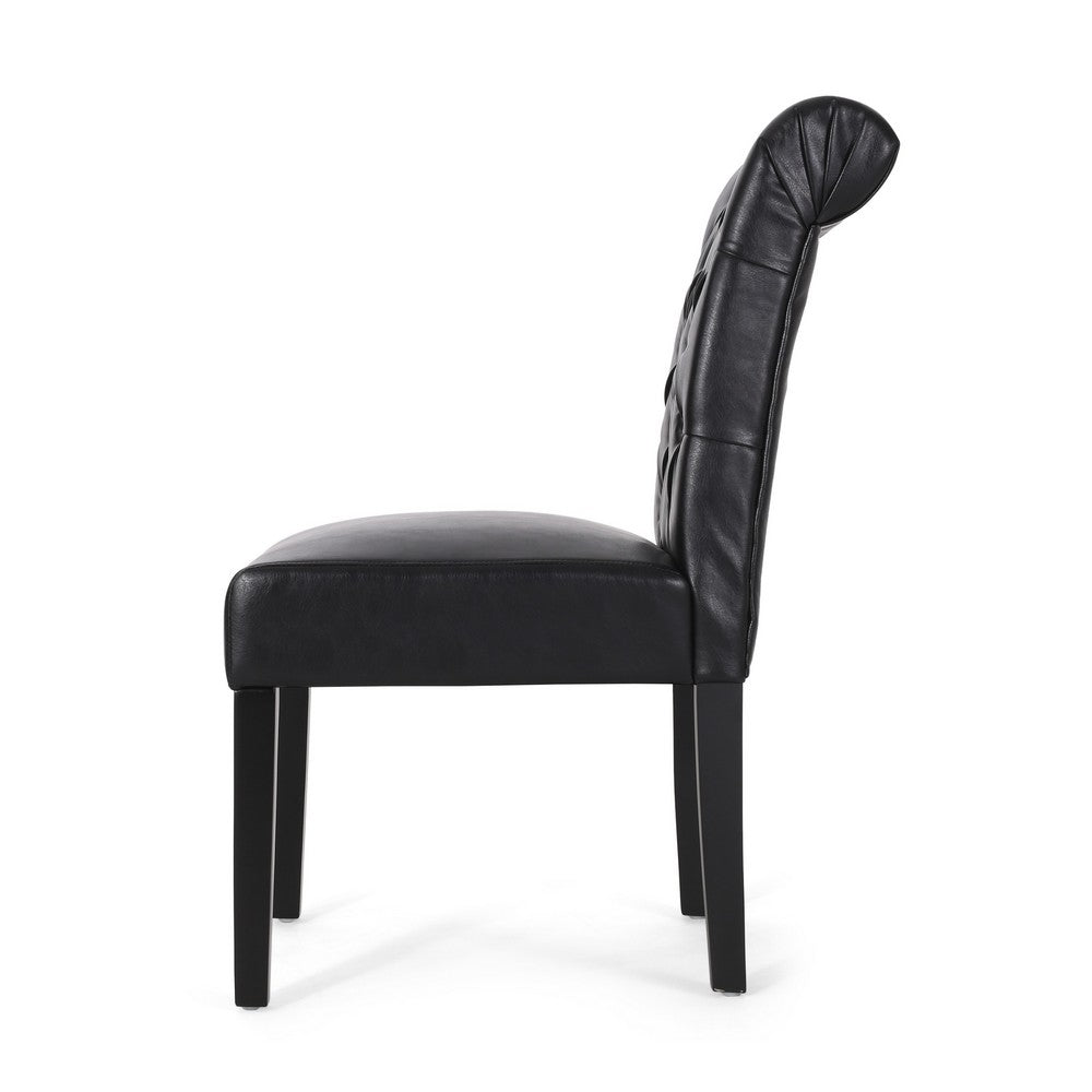 Mein Dining Chair Set of 2 | Rolltop Tufted Black Faux Leather | Wood
