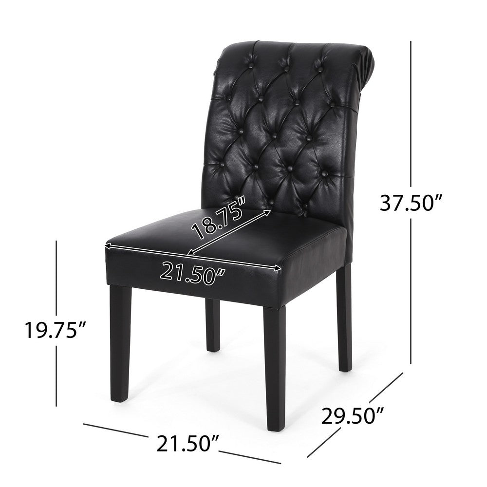 Mein Dining Chair Set of 2 | Rolltop Tufted Black Faux Leather | Wood