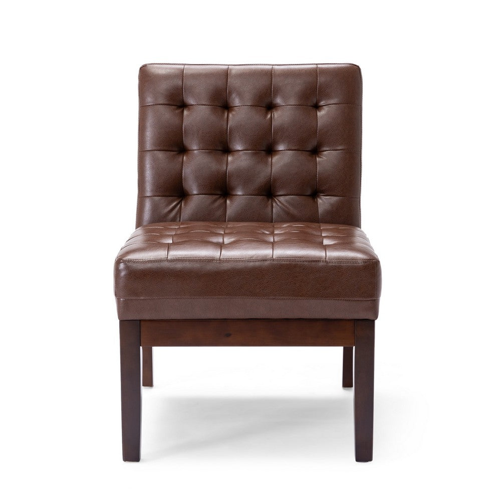 Armless Accent Chair | Tufted Dark Brown Faux Leather | Rubberwood