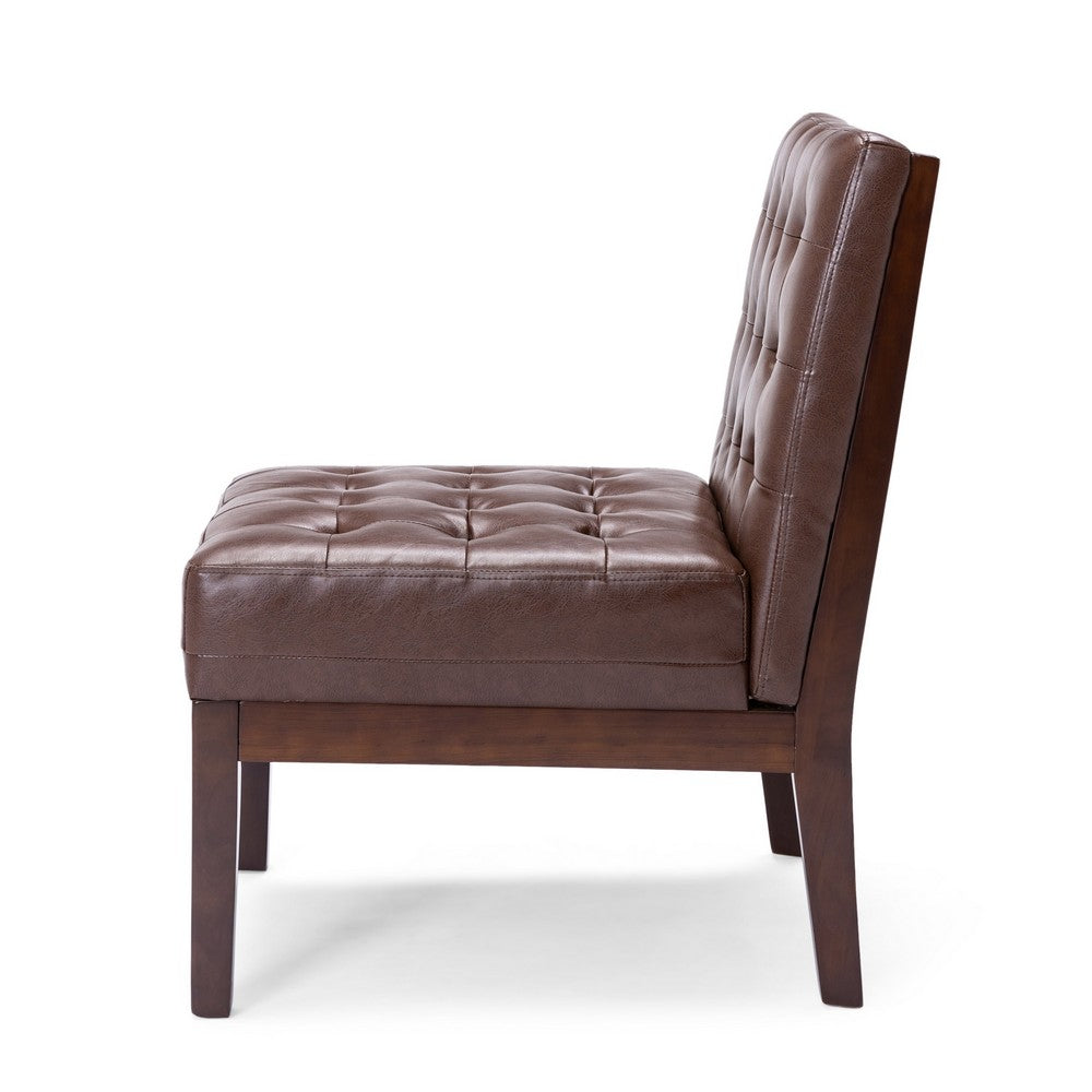 Armless Accent Chair | Tufted Dark Brown Faux Leather | Rubberwood