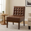 Armless Accent Chair | Tufted Dark Brown Faux Leather | Rubberwood