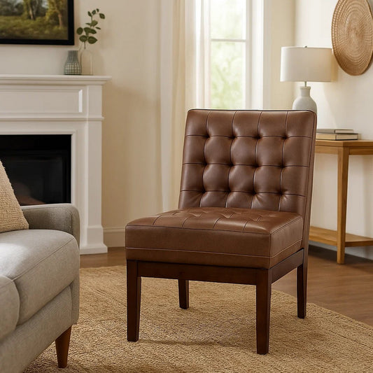 Armless Accent Chair | Tufted Dark Brown Faux Leather | Rubberwood