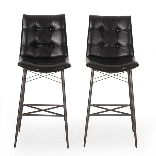 Nimma Barstool Chair Set of 2 | Tufted Black Faux Leather | Brown