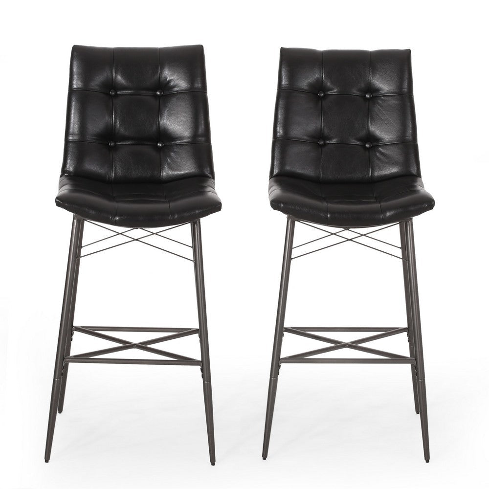 Nimma Barstool Chair Set of 2 | Tufted Black Faux Leather | Brown