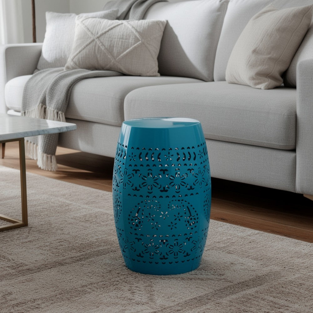 Glena Garden Stool Side Table | Blue Powder Coated Iron | Cut Out 12"