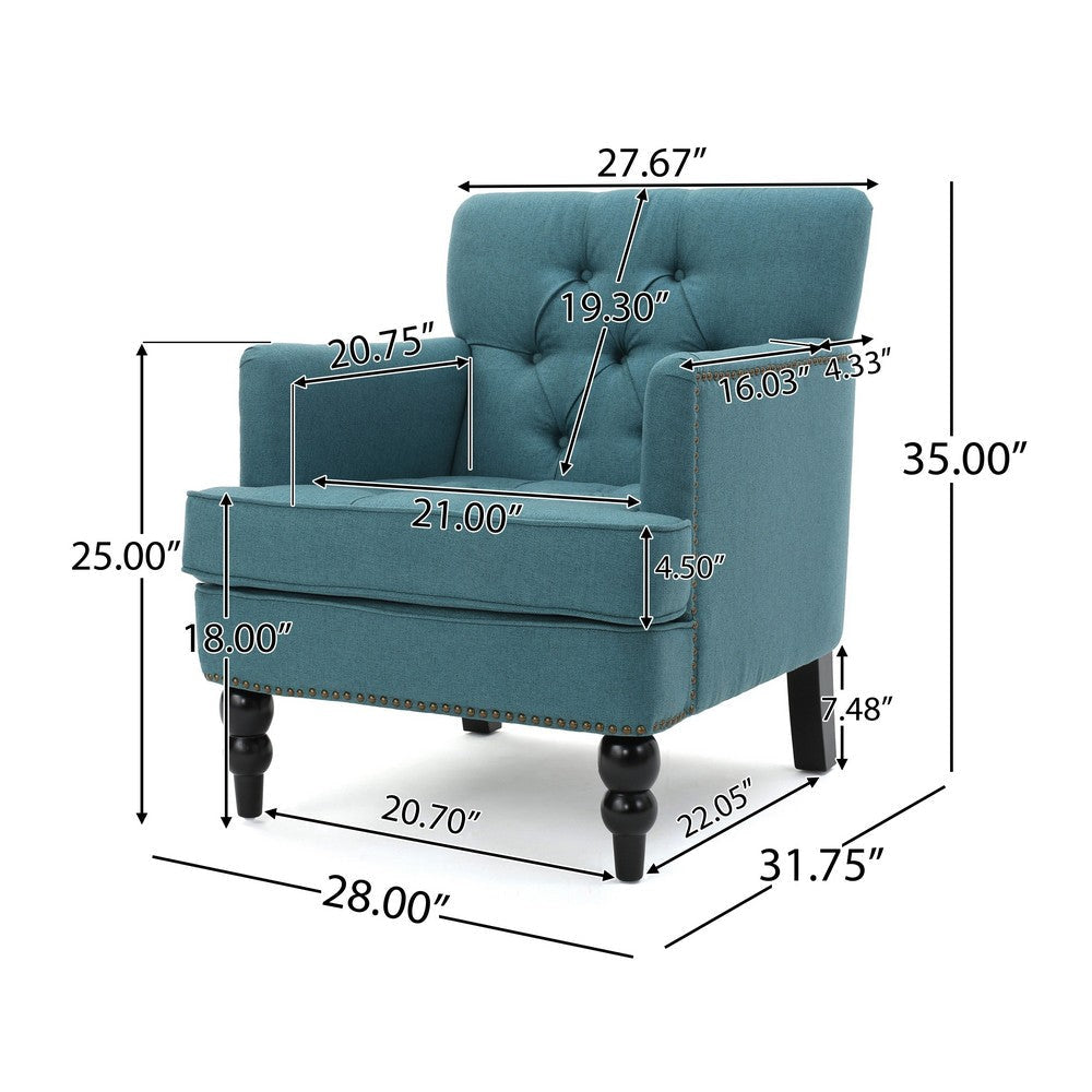 Lit Accent Club Armchair | Tufted Teal Fabric | Black Wood Turned Legs BM335674