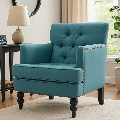 Lit Accent Club Armchair | Tufted Teal Fabric | Black Wood Turned Legs