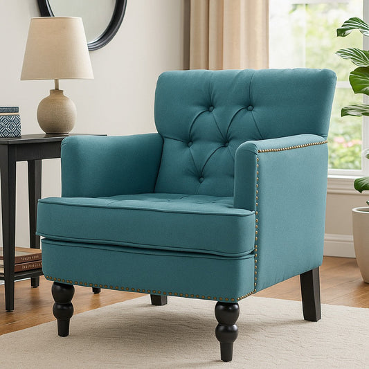 Lit Accent Club Armchair | Tufted Teal Fabric | Black Wood Turned Legs