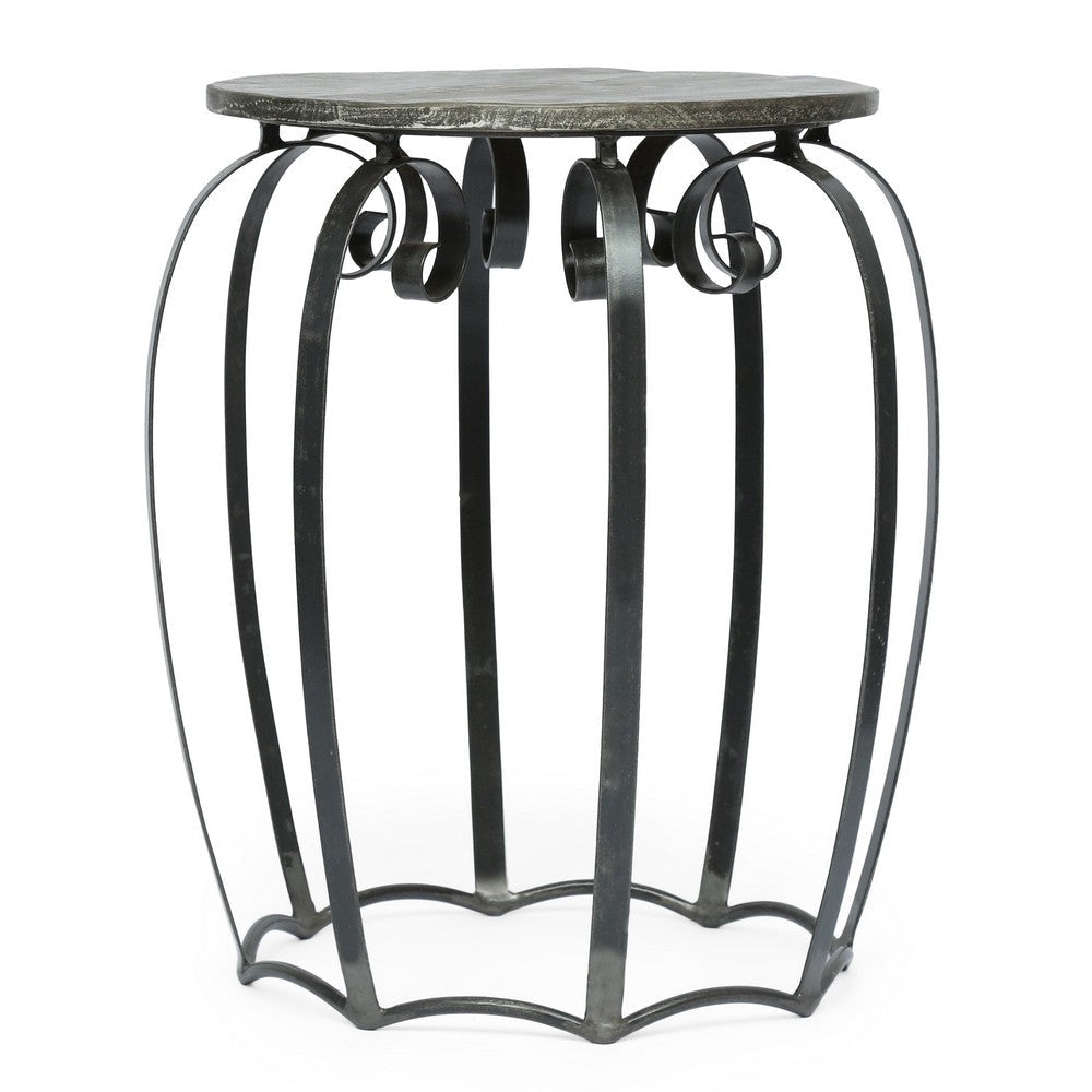 Side End Table | Gray Iron Frame | Round Brown Mango Wood Top | 21"