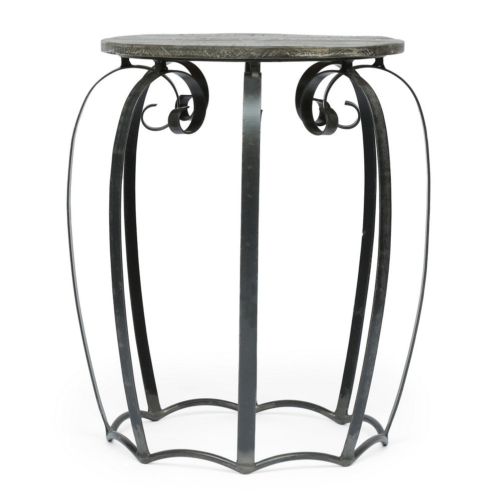 Side End Table | Gray Iron Frame | Round Brown Mango Wood Top | 21"