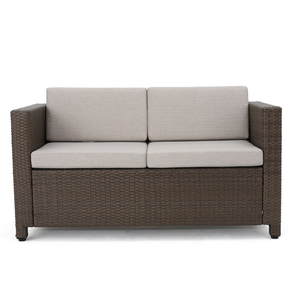 Perie 4 Piece Outdoor Sofa Chair and Table Set | Brown Rattan | White