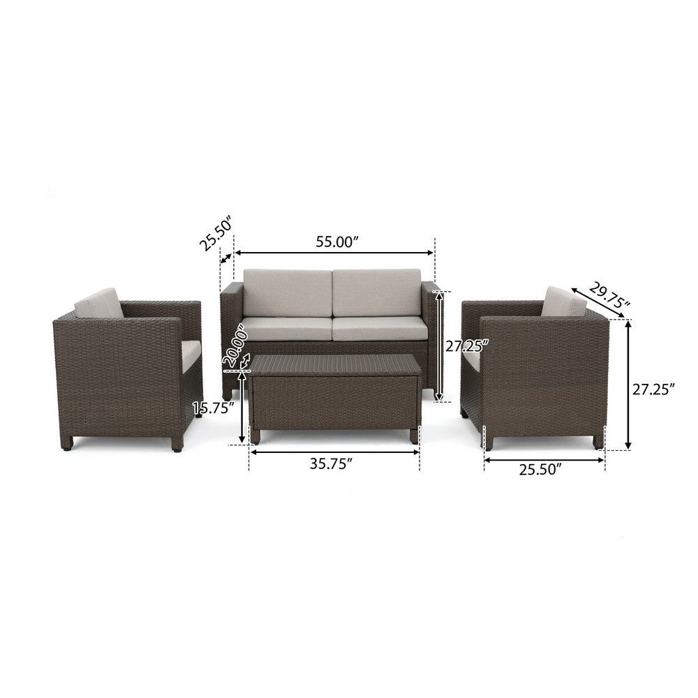 Perie 4 Piece Outdoor Sofa Chair and Table Set | Brown Rattan | White