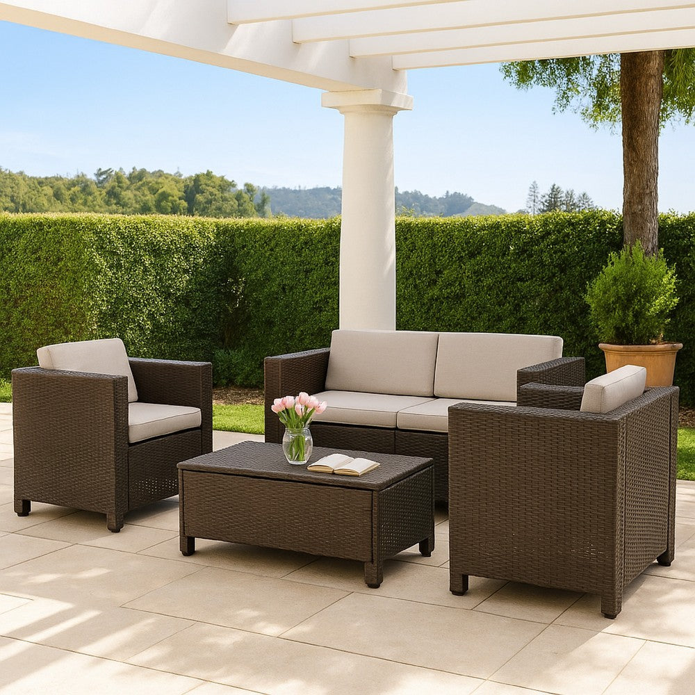 Perie 4 Piece Outdoor Sofa Chair and Table Set | Brown Rattan | White