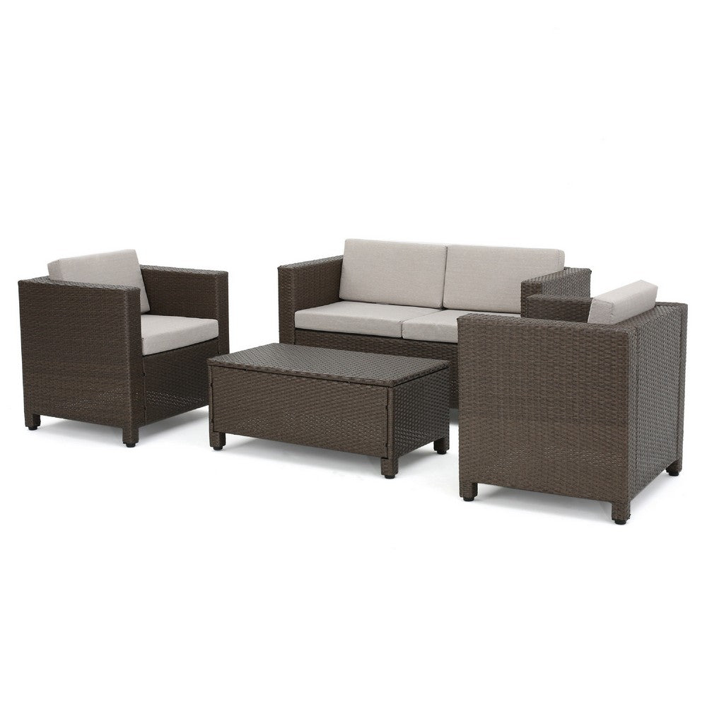 Perie 4 Piece Outdoor Sofa Chair and Table Set | Brown Rattan | White