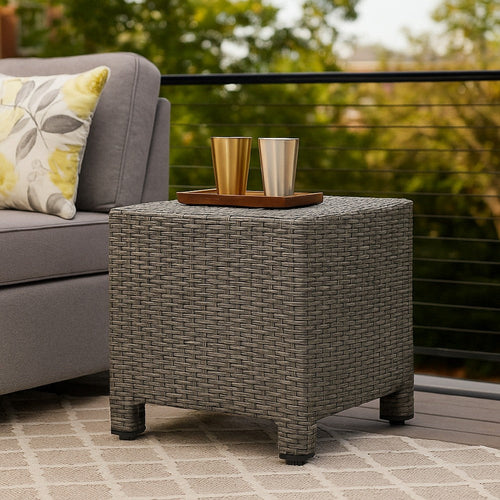 Perie Outdoor Accent Table | Gray Faux Rattan | Iron Frame | 18"