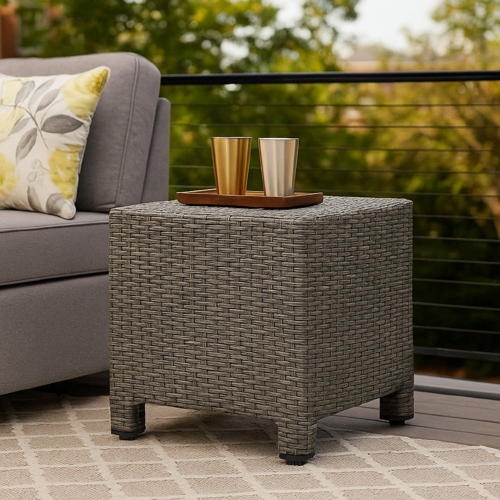 Perie Outdoor Accent Table | Gray Faux Rattan | Iron Frame | 18"