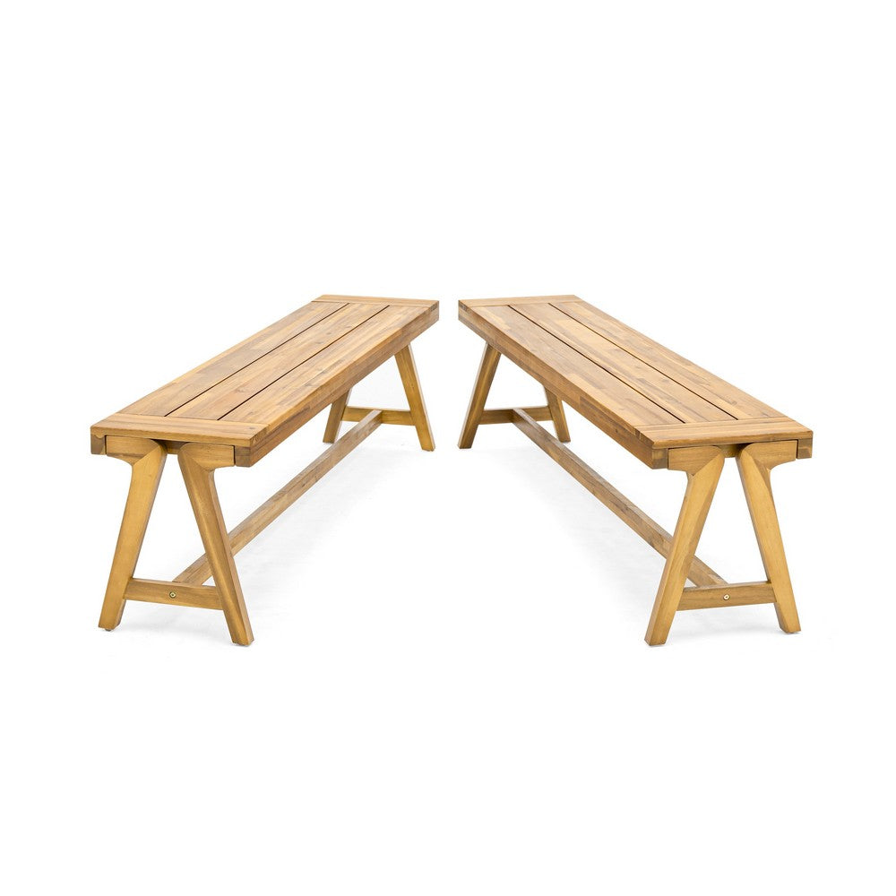 Lea Outdoor Dining Bench Set of 2 | 63" Varnished Teak Brown Wood