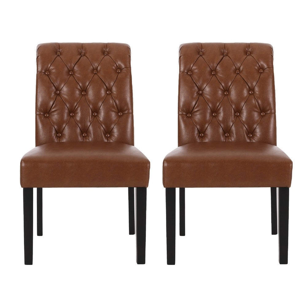 Mein Dining Chair Set of 2 | Tufted Back Rolled | Brown Faux Leather