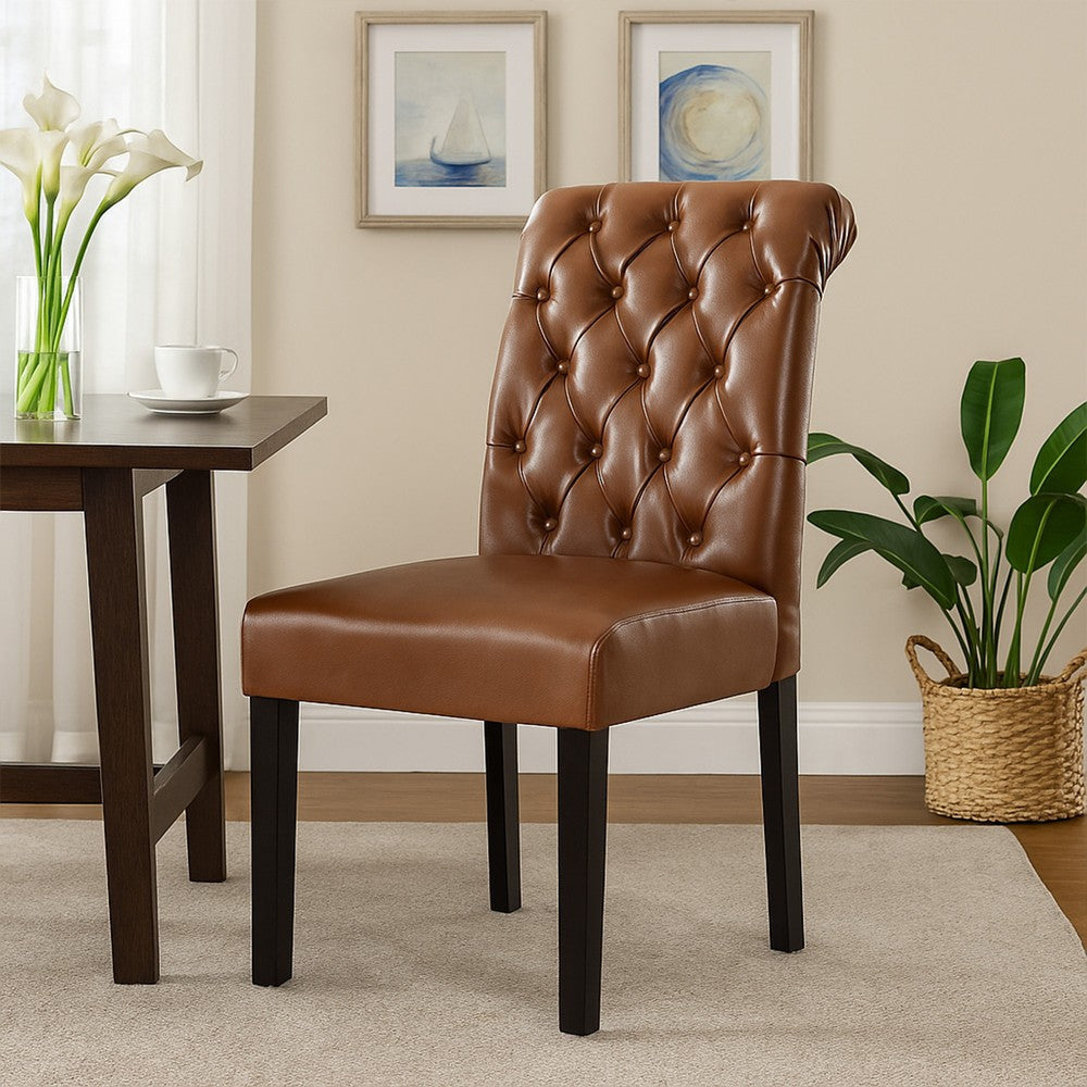 Mein Dining Chair Set of 2 | Tufted Back Rolled | Brown Faux Leather