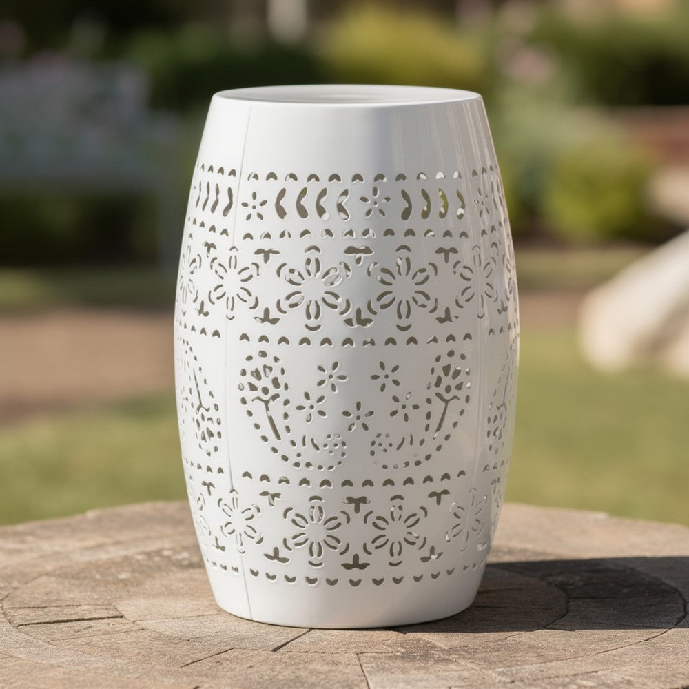 Outdoor Side Table | Lace Cut | 12" Round Top w White Barrel Base