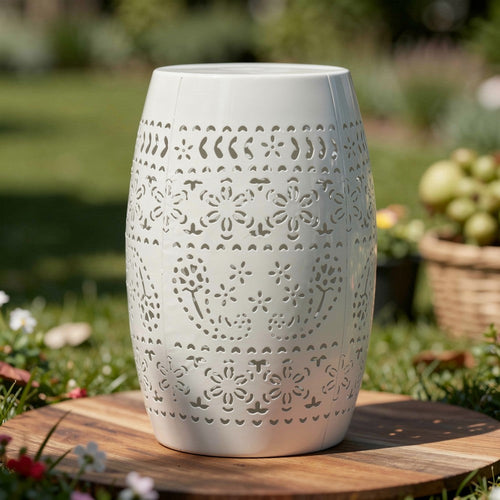 Outdoor Side Table | Lace Cut | 12" Round Top w White Barrel Base