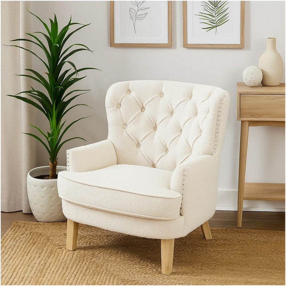 Modern Club Chair | Classic Button Tufted Wingback | Almond White