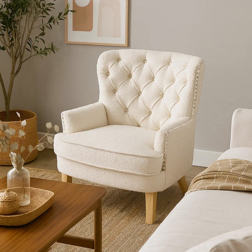 Modern Club Chair | Classic Button Tufted Wingback | Almond White