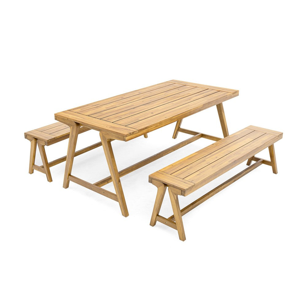 Lea 3pc Outdoor Dining Table and Bench Set | Natural Brown Acacia Wood