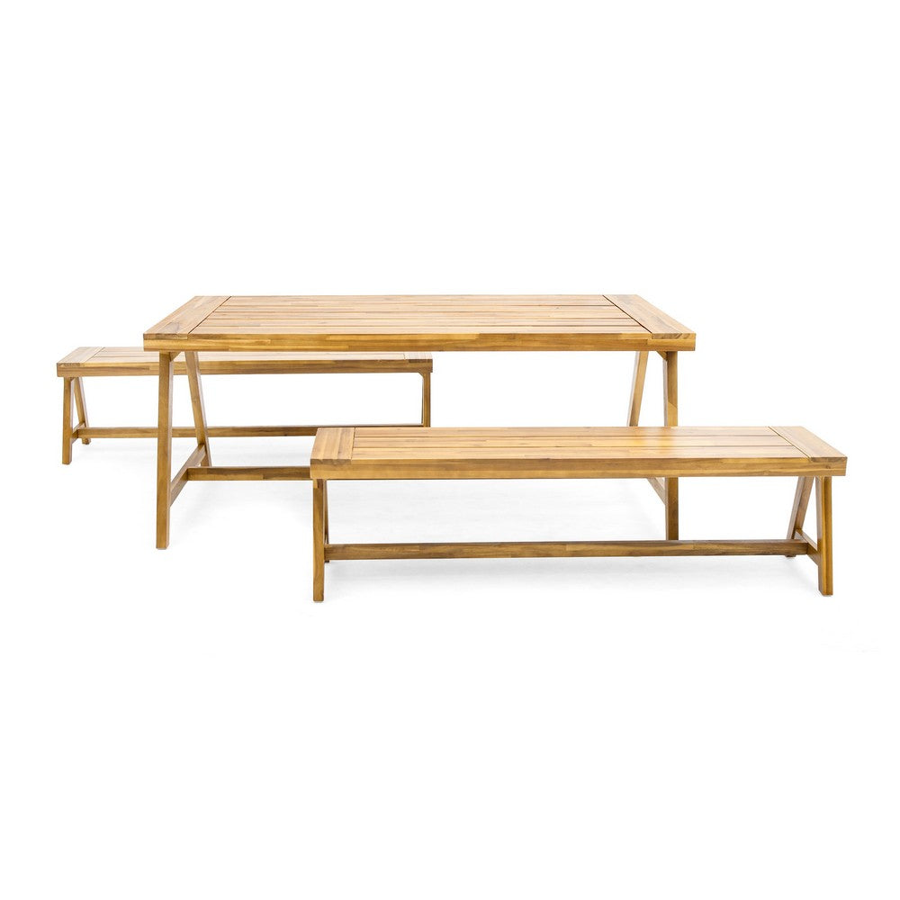Lea 3pc Outdoor Dining Table and Bench Set | Natural Brown Acacia Wood