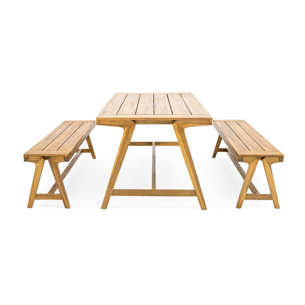 Lea 3pc Outdoor Dining Table and Bench Set | Natural Brown Acacia Wood