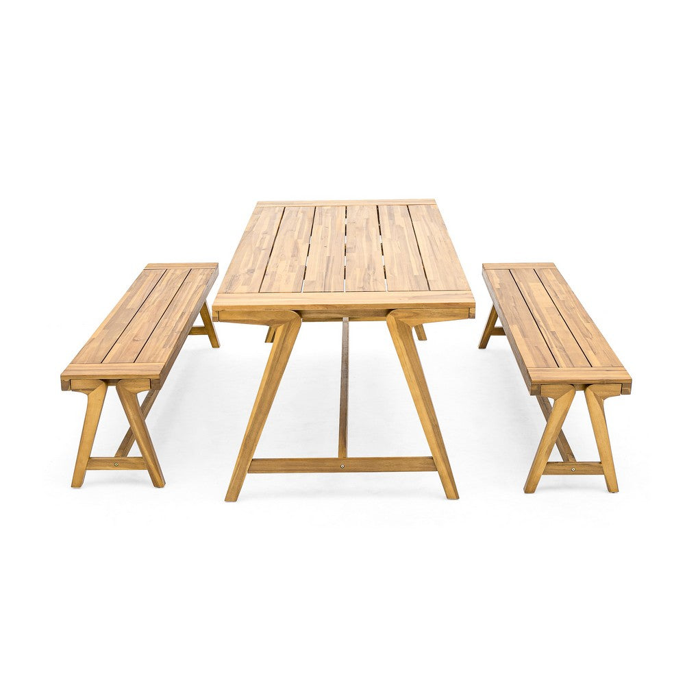 Lea 3pc Outdoor Dining Table and Bench Set | Natural Brown Acacia Wood