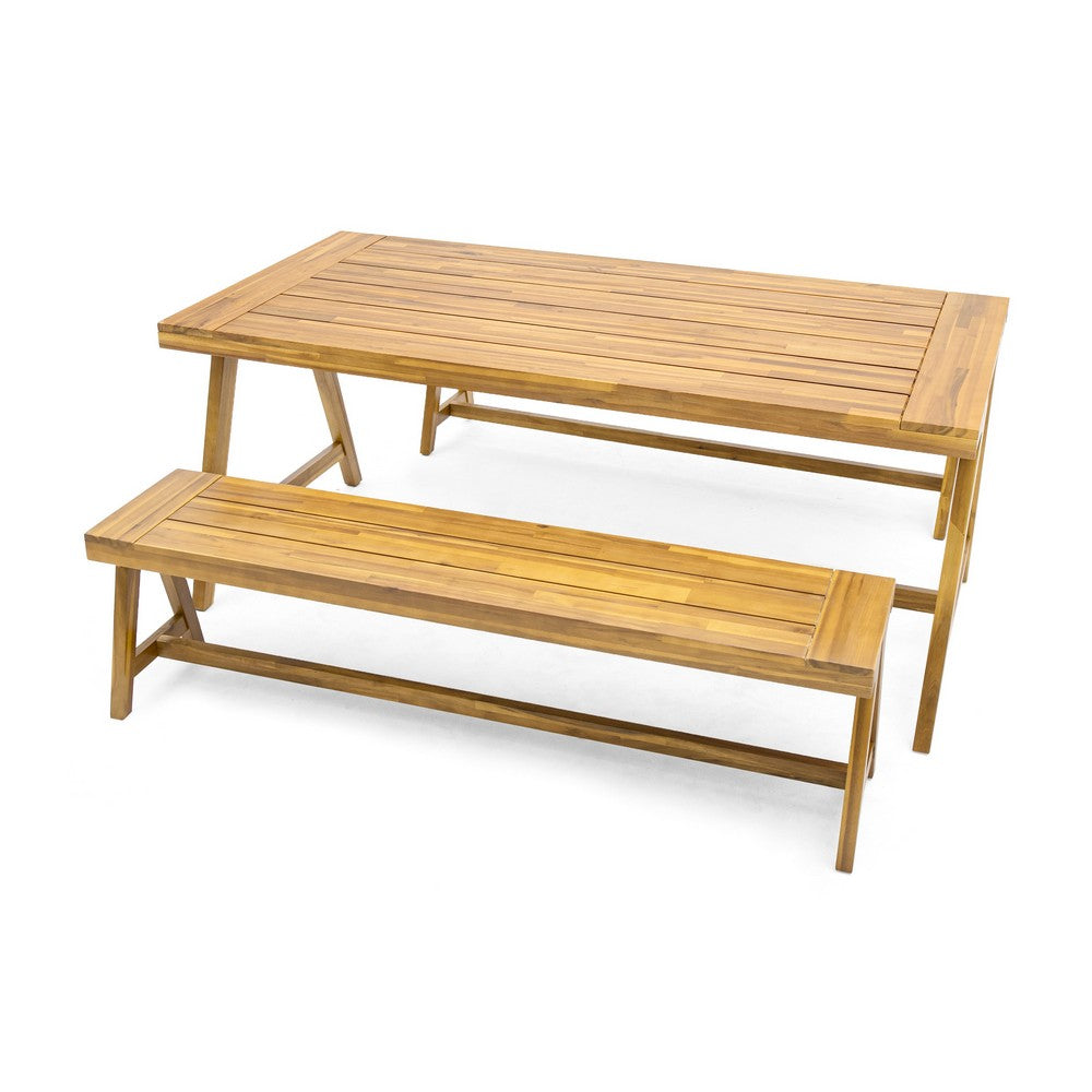 Lea 3pc Outdoor Dining Table and Bench Set | Natural Brown Acacia Wood