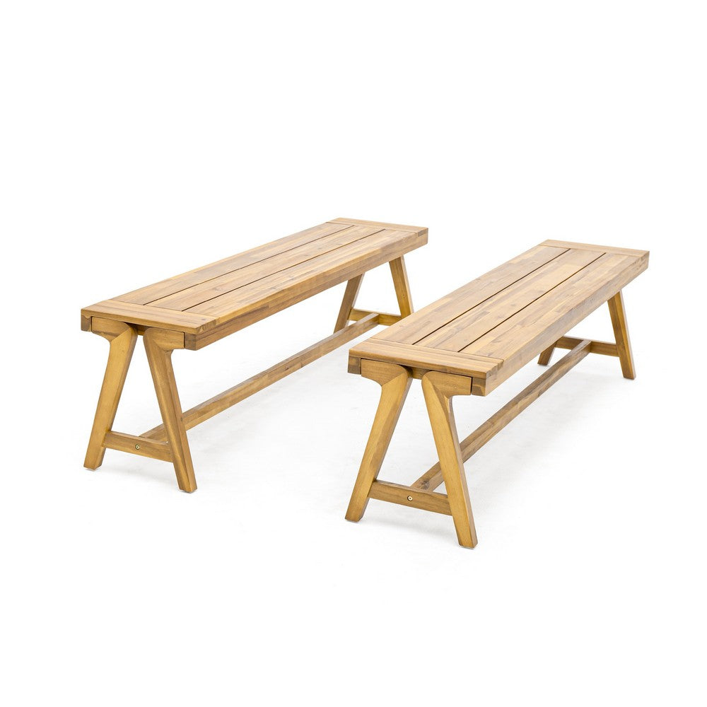 Lea 3pc Outdoor Dining Table and Bench Set | Natural Brown Acacia Wood