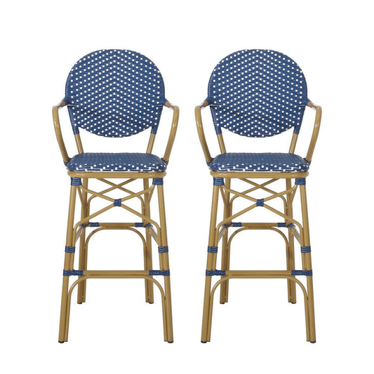 Lyam Set of 2 Outdoor Barstool Chair | Navy Blue Wicker Brown Aluminum