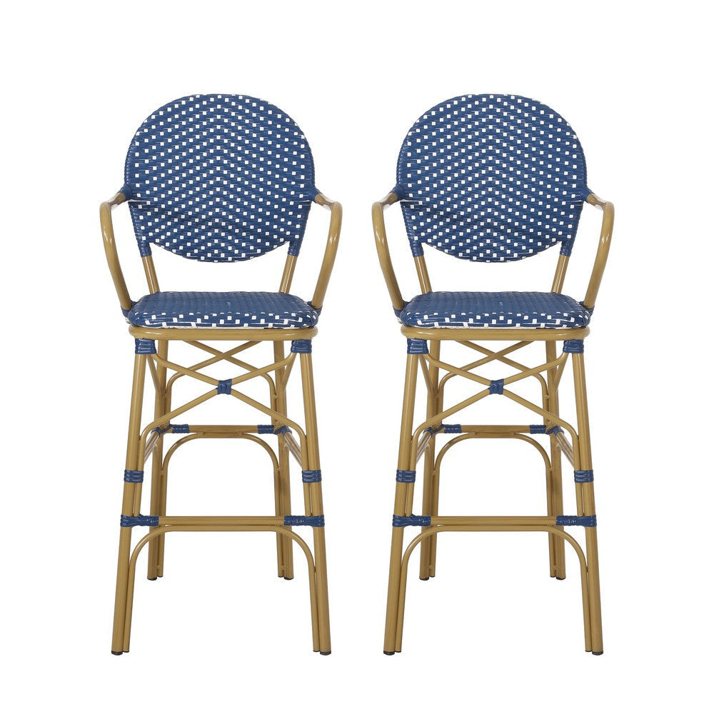 Lyam Set of 2 Outdoor Barstool Chair | Navy Blue Wicker Brown Aluminum
