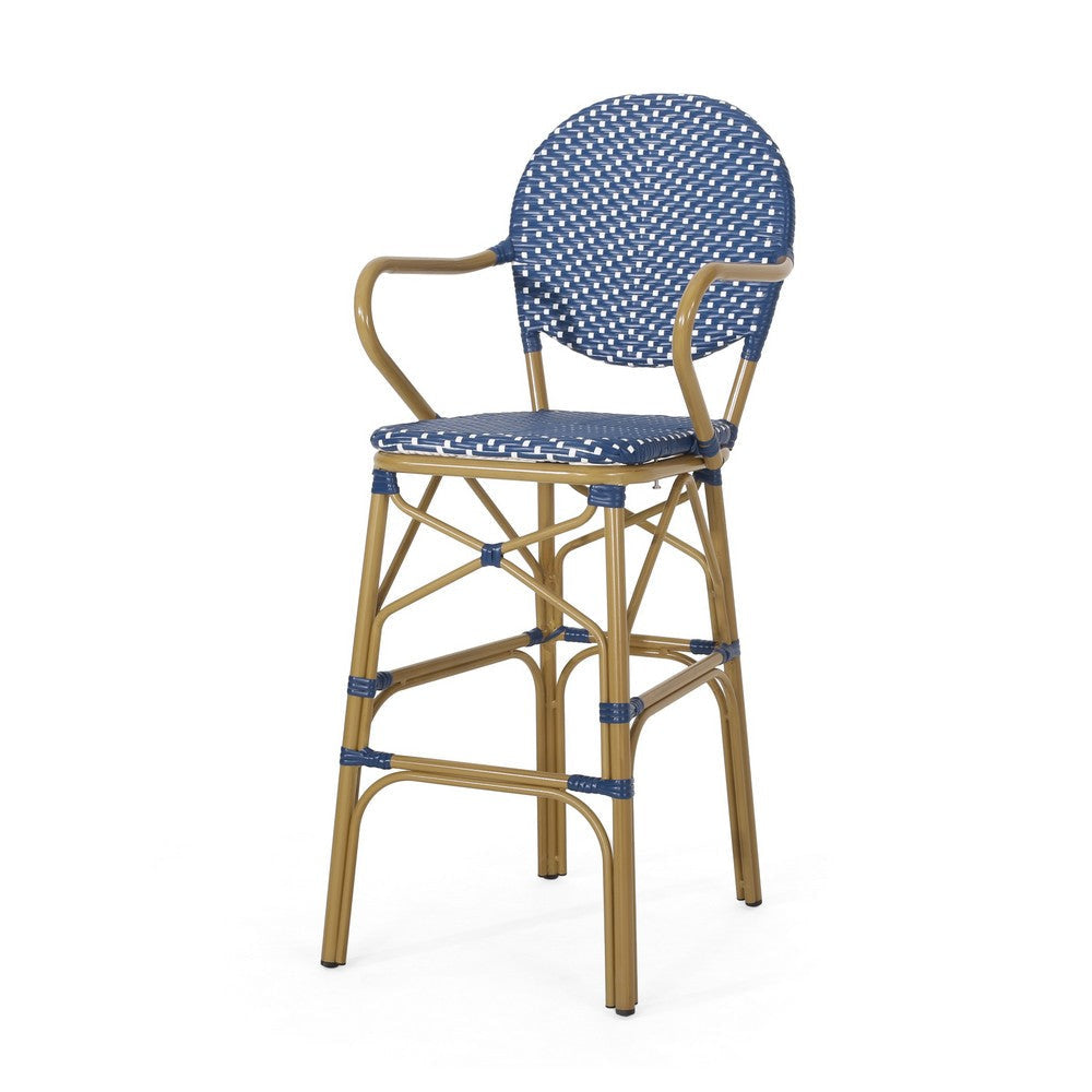 Lyam Set of 2 Outdoor Barstool Chair | Navy Blue Wicker Brown Aluminum