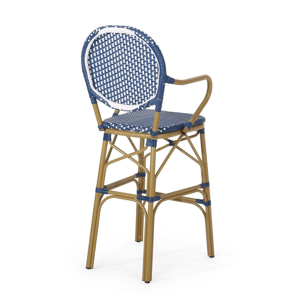 Lyam Set of 2 Outdoor Barstool Chair | Navy Blue Wicker Brown Aluminum