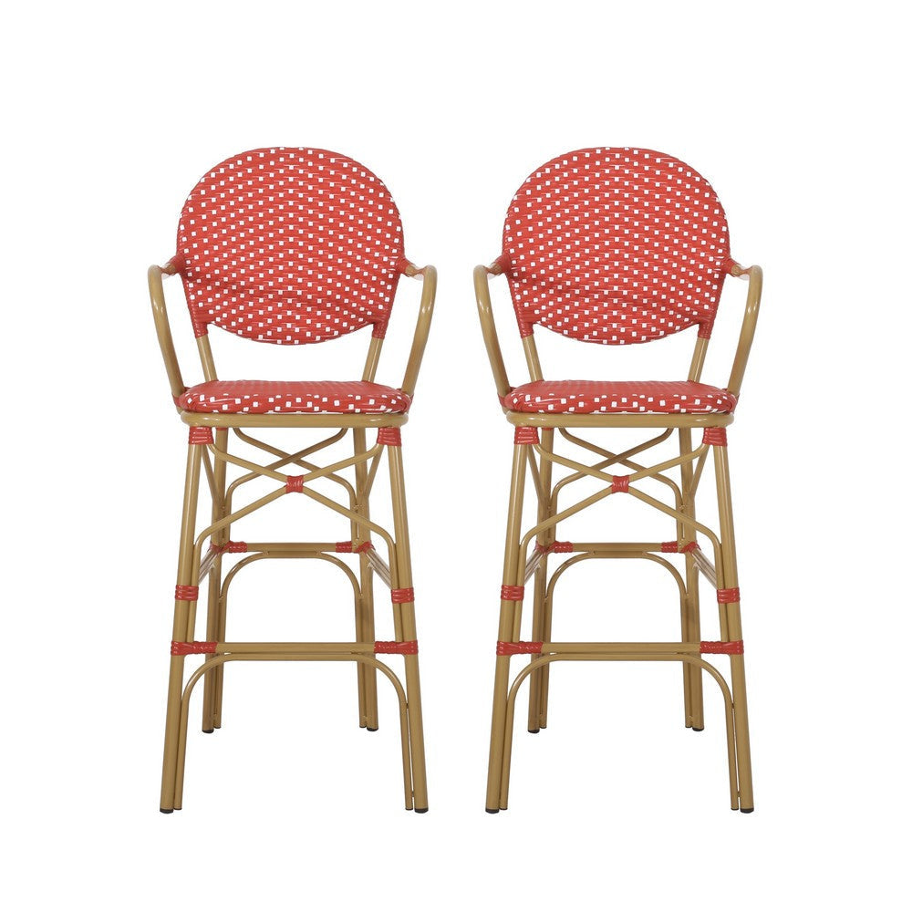 Lyam Set of 2 Outdoor Barstool Chair | Red Woven Wicker Brown Aluminum