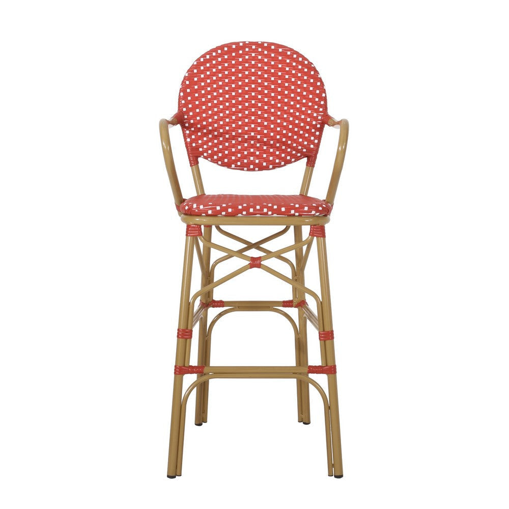 Lyam Set of 2 Outdoor Barstool Chair | Red Woven Wicker Brown Aluminum