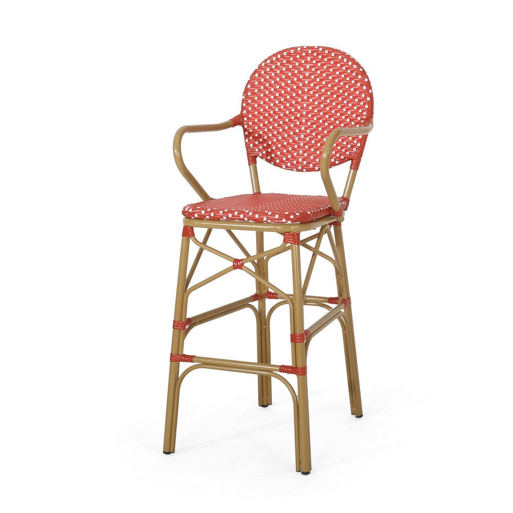 Lyam Set of 2 Outdoor Barstool Chair | Red Woven Wicker Brown Aluminum