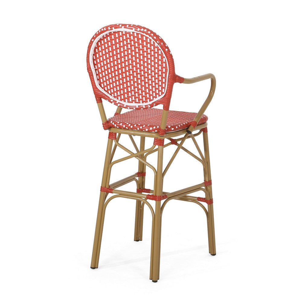 Lyam Set of 2 Outdoor Barstool Chair | Red Woven Wicker Brown Aluminum