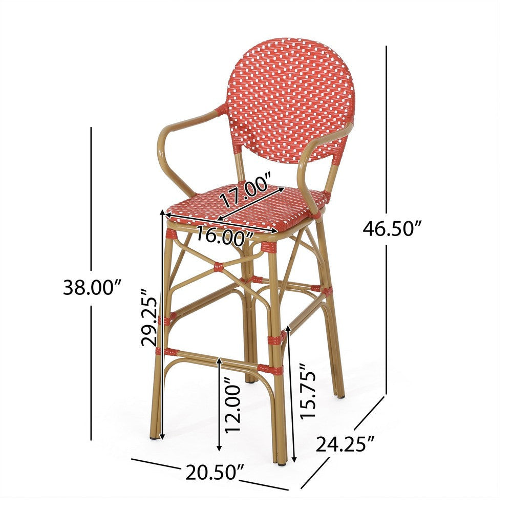 Lyam Set of 2 Outdoor Barstool Chair | Red Woven Wicker Brown Aluminum