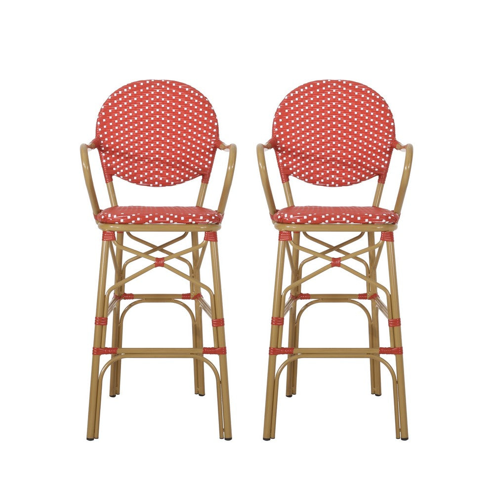 Lyam Set of 2 Outdoor Barstool Chair | Red Woven Wicker Brown Aluminum