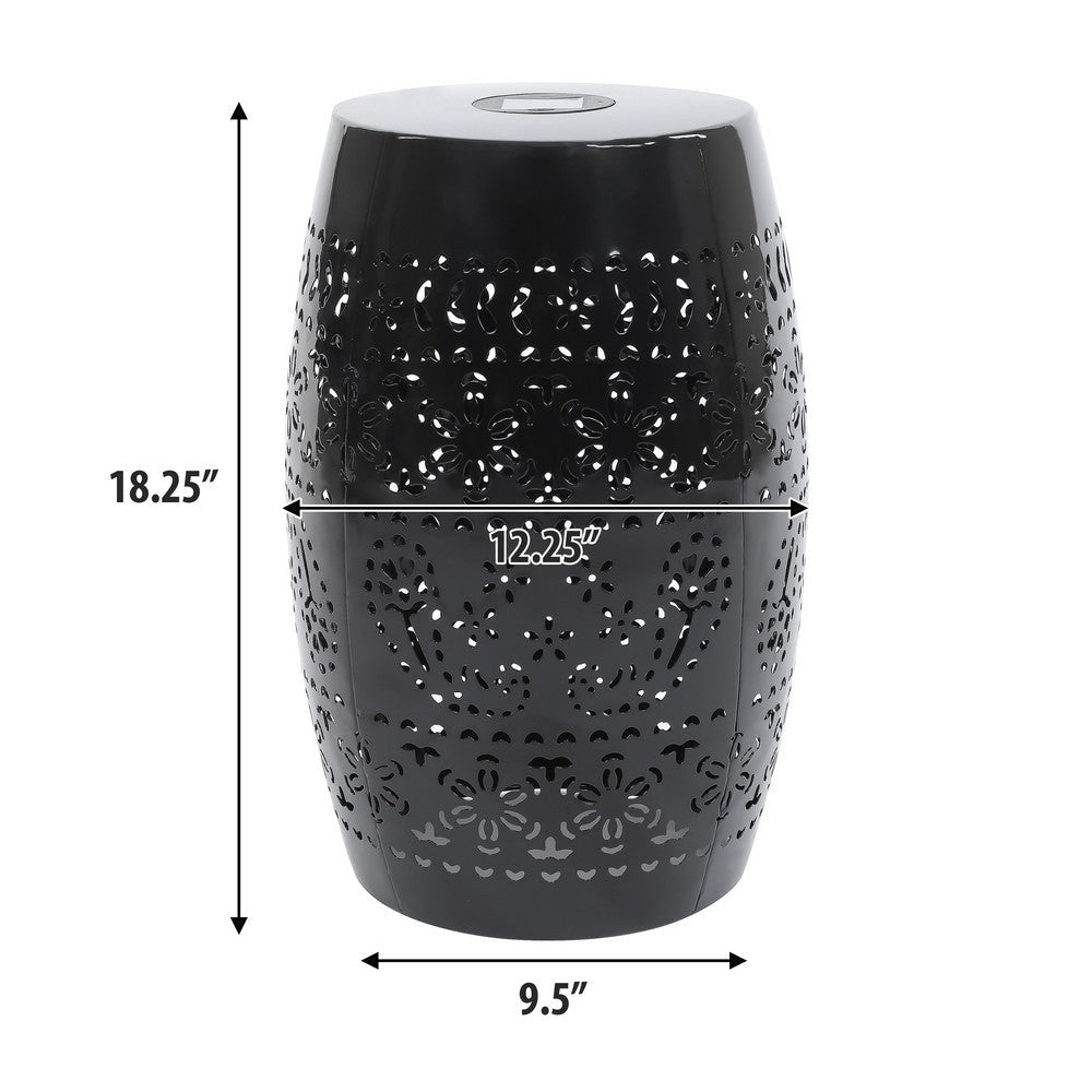 Sola Side Table | Solar Powered Light | 18’’ Barrel Shaped Black Iron