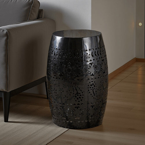 Sola Side Table | Solar Powered Light | 18" Barrel Shaped Black Iron
