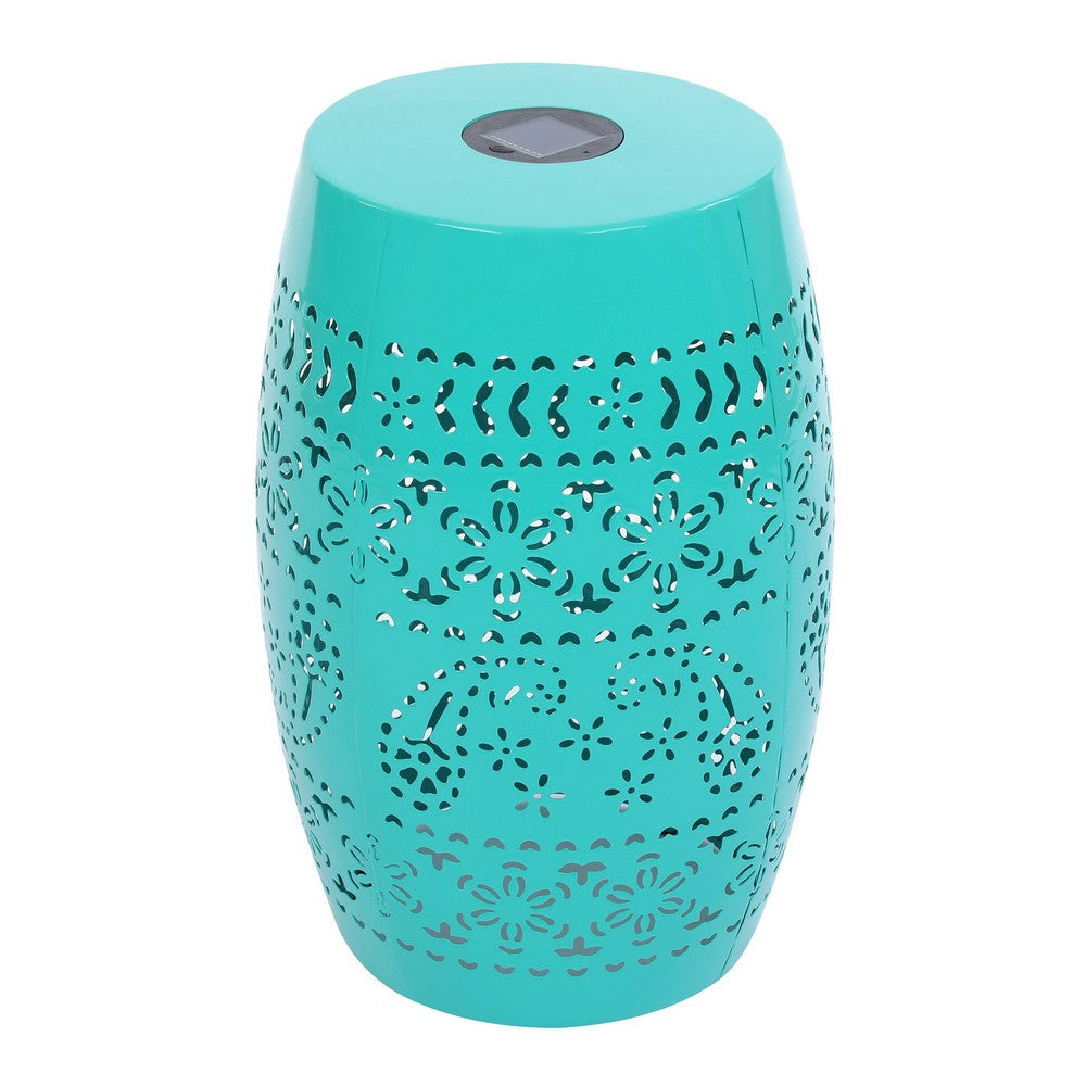 Sola Side Table | Solar Powered Light | 18" Barrel Shaped Teal Iron