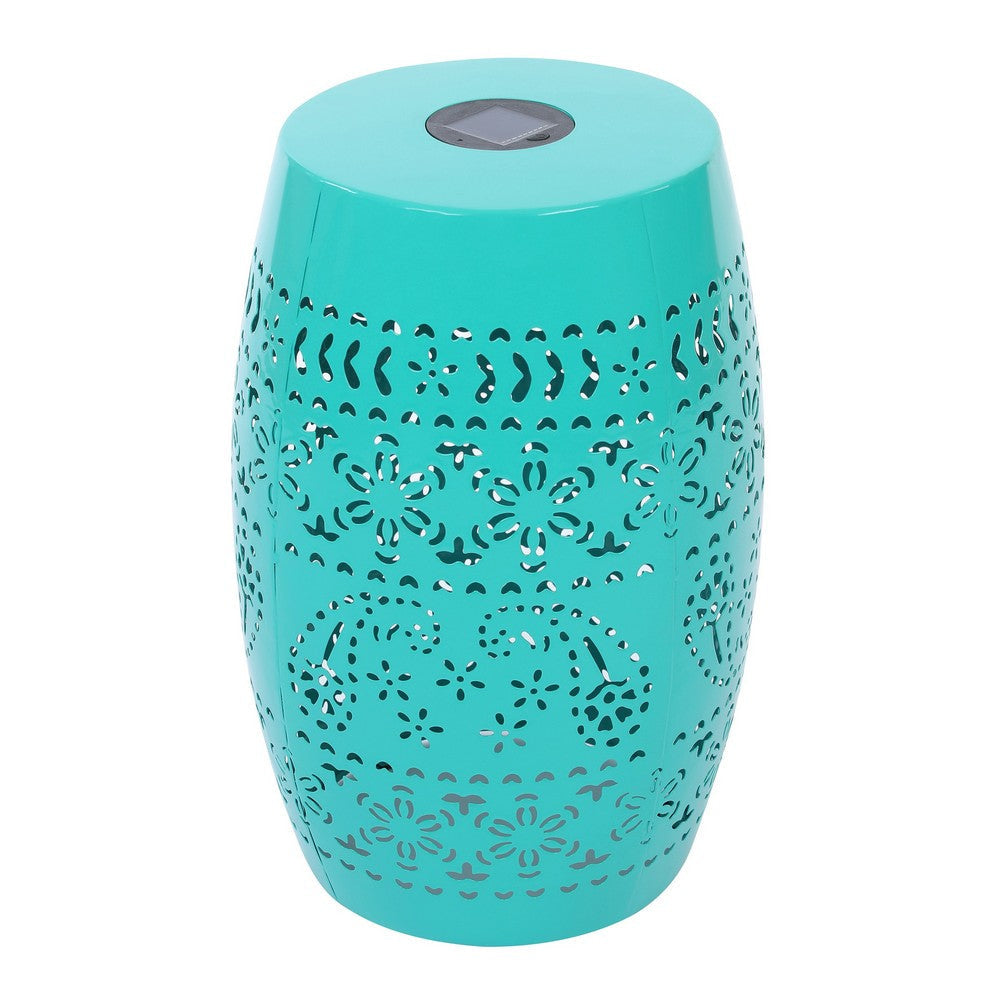 Sola Side Table | Solar Powered Light | 18’’ Barrel Shaped Teal Iron