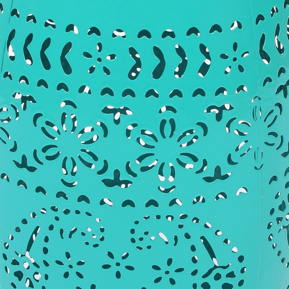 Sola Side Table | Solar Powered Light | 18’’ Barrel Shaped Teal Iron