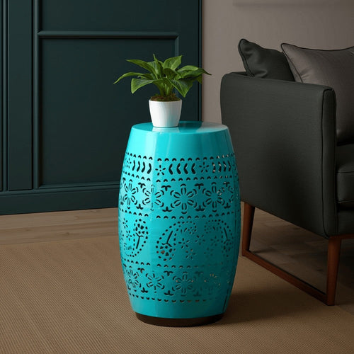 Sola Side Table | Solar Powered Light | 18" Barrel Shaped Teal Iron