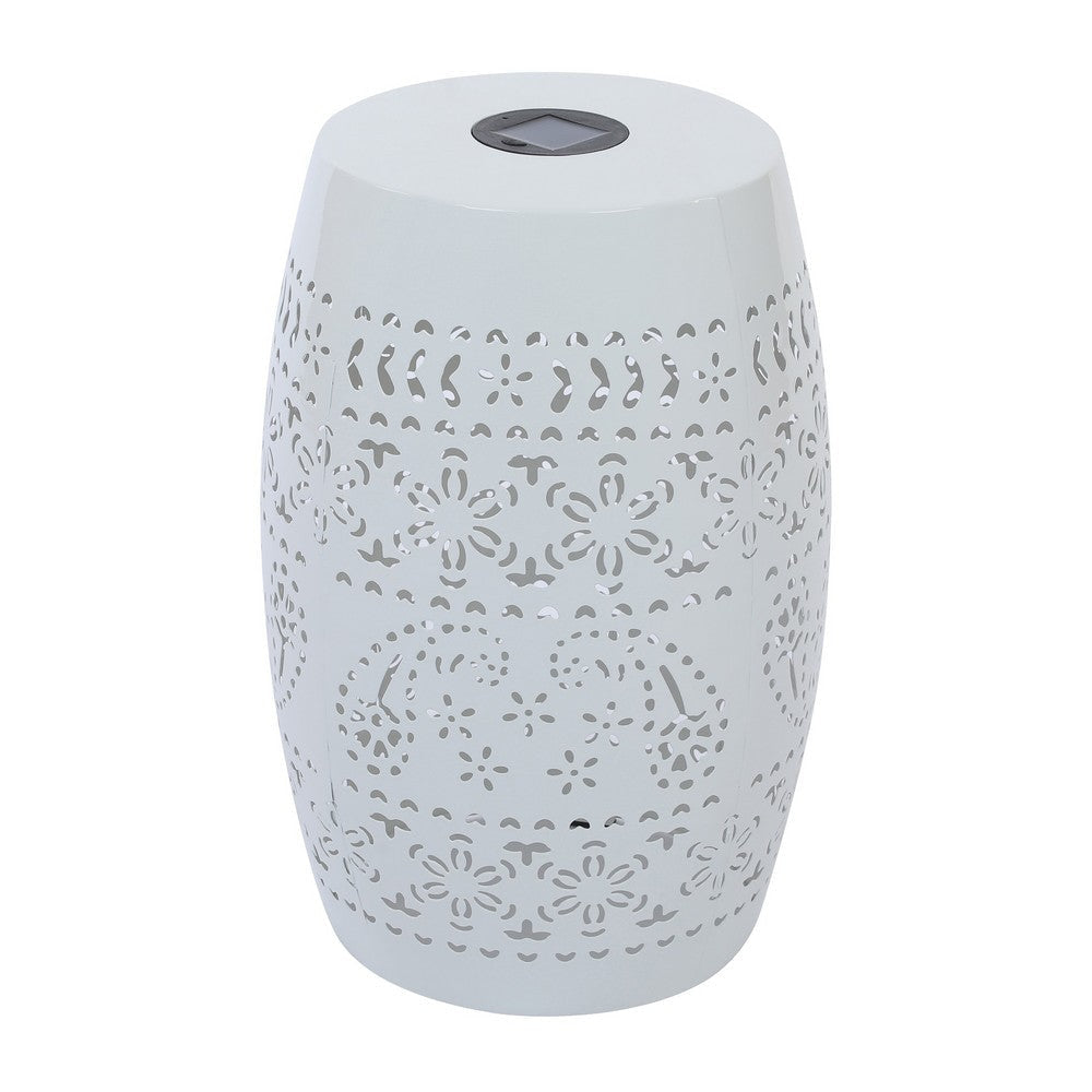 Sola Side Table | Solar Powered Light | 18’’ Barrel Shaped White Iron